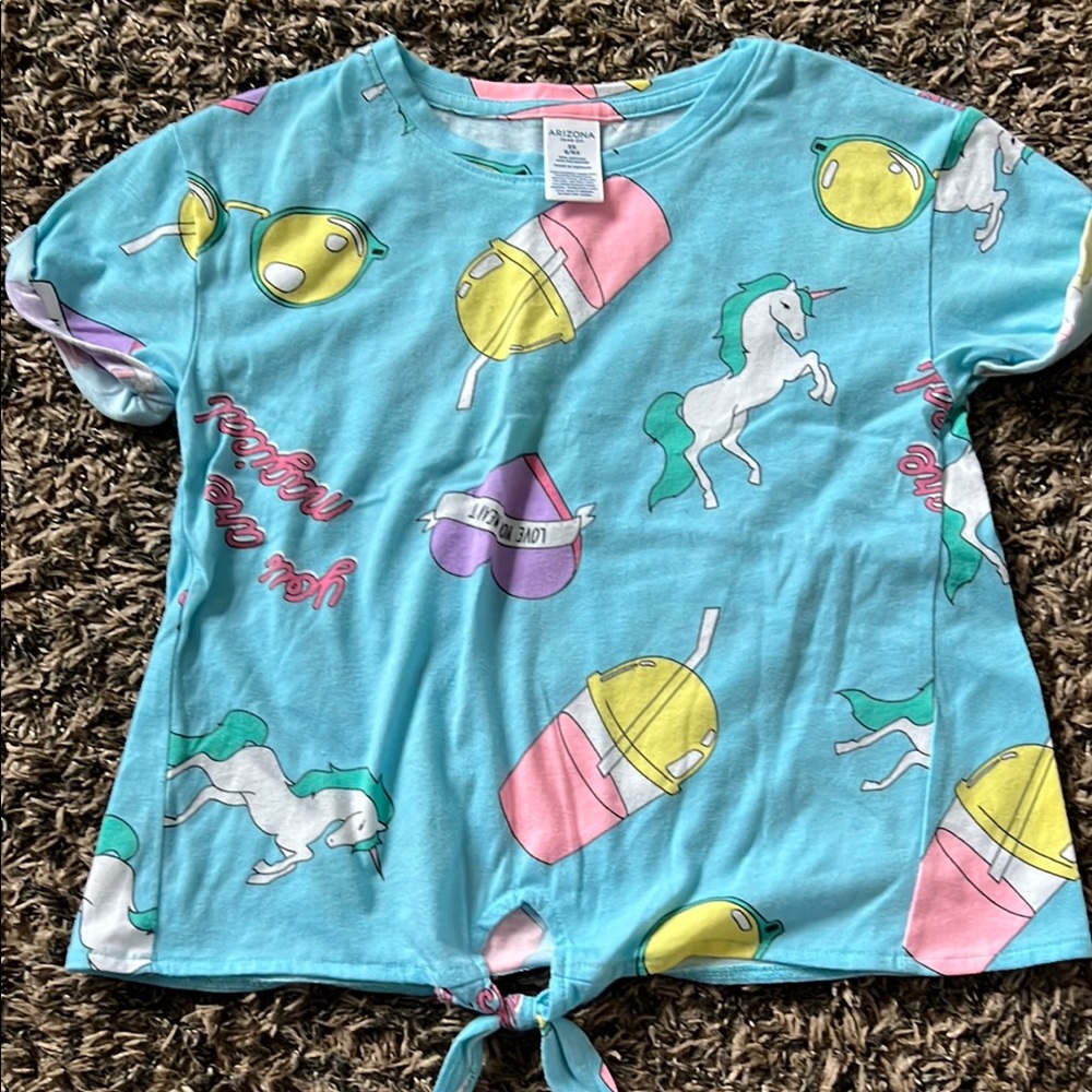 Blue Graphic T-Shirt with Unicorns and Emojis